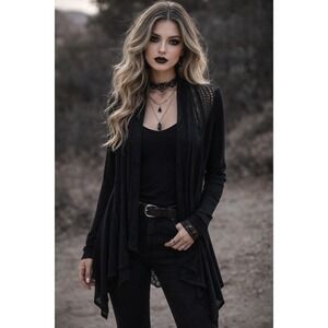 Black Women's Open Knit Goth Grunge Waterfall Cardigan Witchy Fairy Grunge M